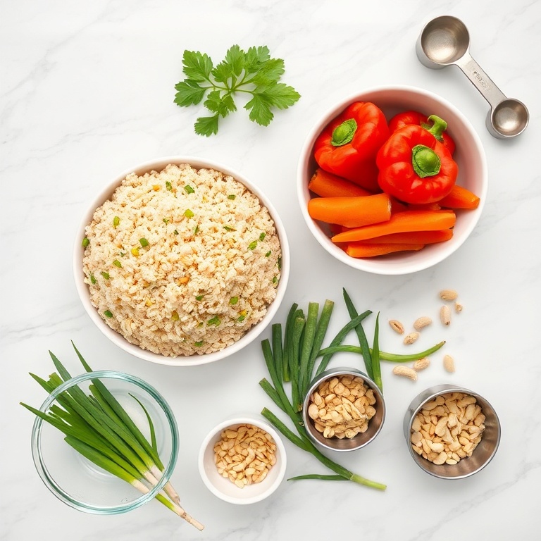 Raw ingredients for Crispy Thai Quinoa Salad. Quinoa, bell peppers, carrots, green onions, and peanuts. Measuring cups and spoons. White marble surface. Bright even light. Photorealistic food photography.
