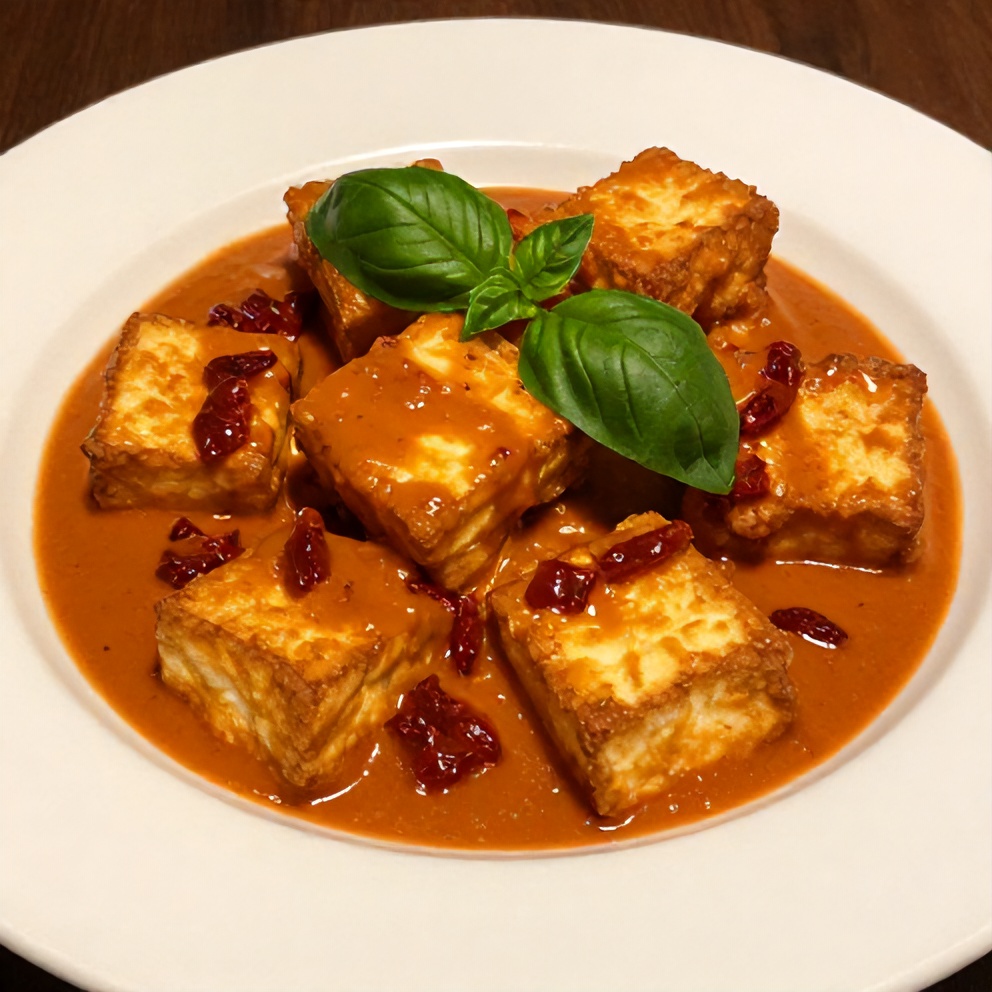 Plated crispy tofu in creamy sun-dried tomato sauce dinner