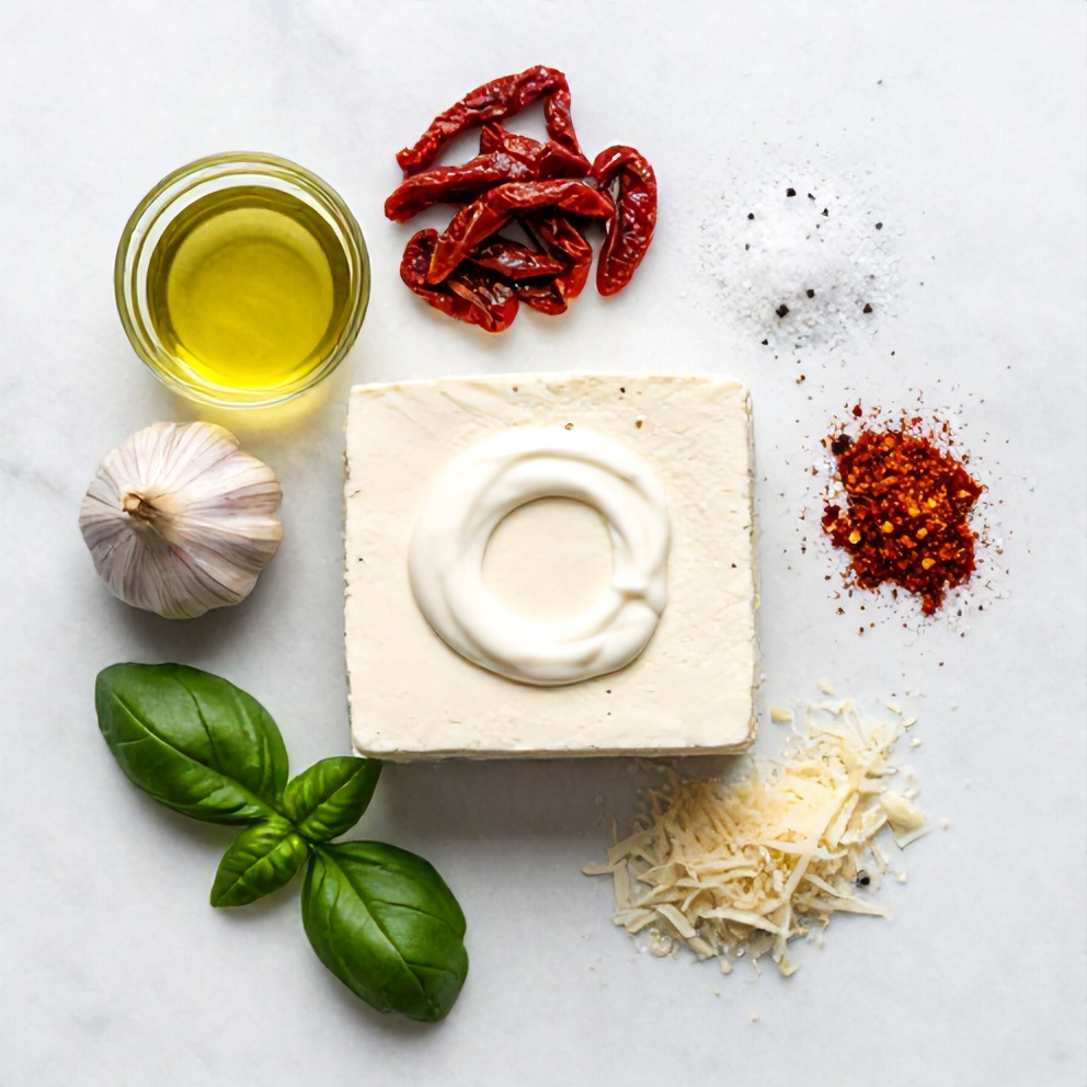 Raw ingredients for crispy tofu in sun-dried tomato sauce