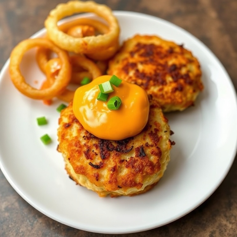 Plated Crispy Tuna Cakes. Topped with spicy mayo. Garnished with chopped green onion. Served on a white plate with a side of crispy onion rings.