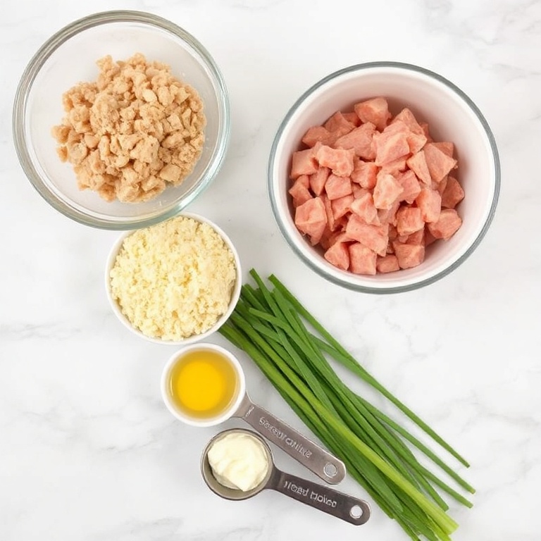 Raw ingredients for Crispy Tuna Cakes. Tuna, breadcrumbs, egg, mayonnaise, and green onion. Measuring spoons and bowls on a white marble surface.