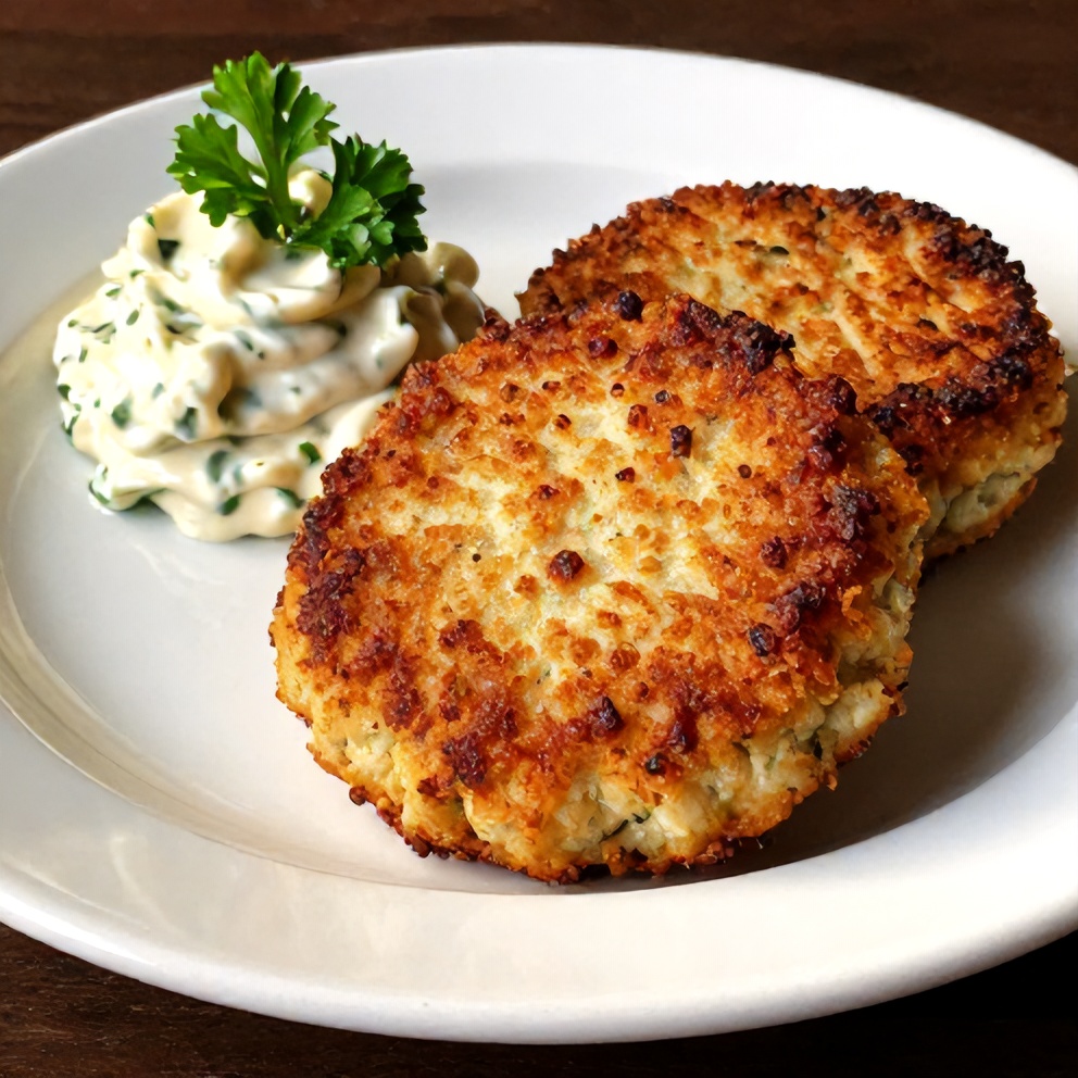 Crispy tuna patty on a plate with a side of tartar sauce