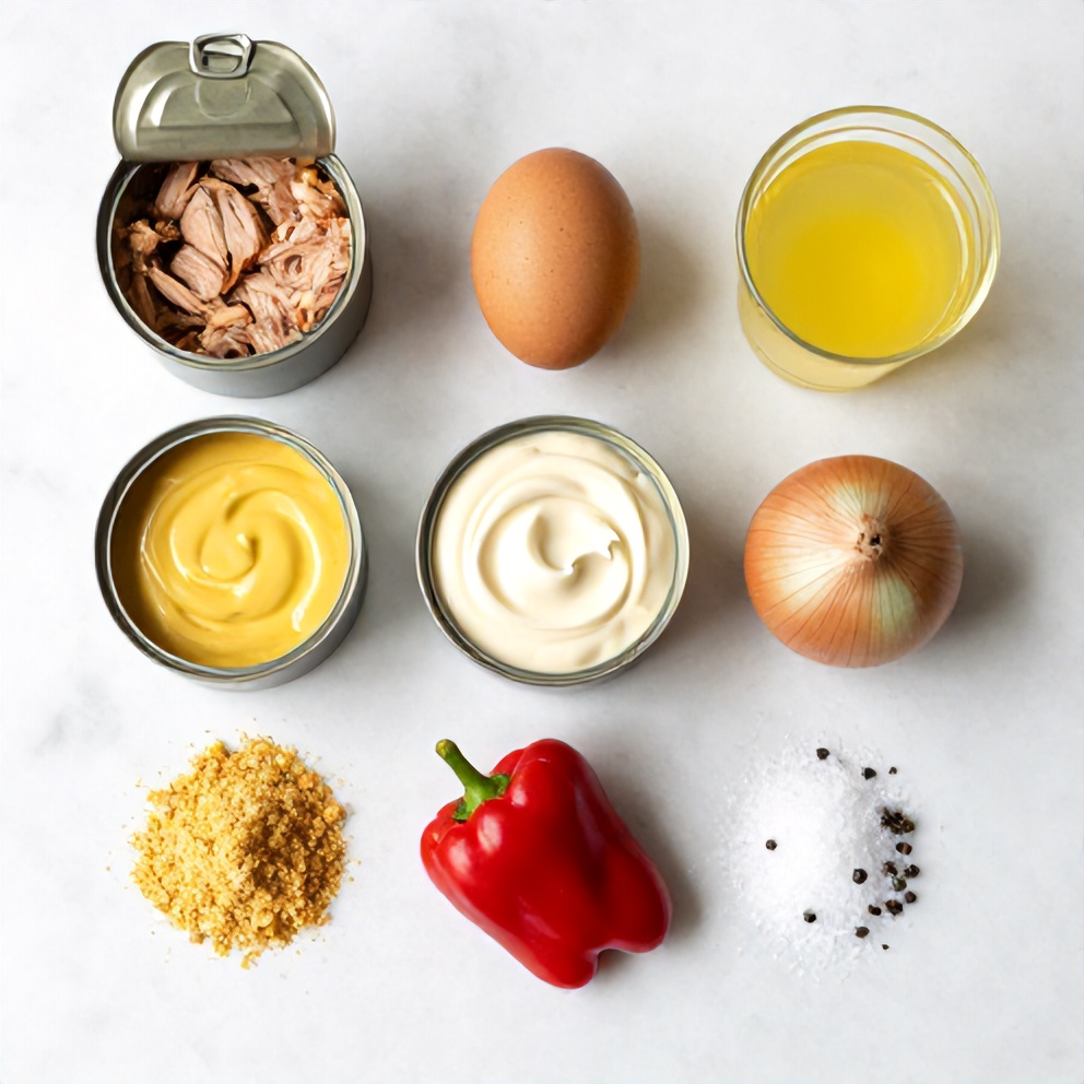 Canned tuna, breadcrumbs, egg, onion, and seasonings laid out on a wooden surface
