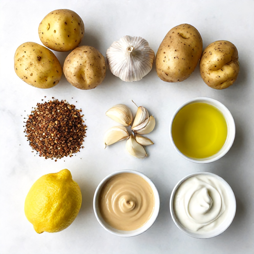 Za’atar Spice Blend, Potatoes, Garlic, Olive Oil, Lemon, Tahini, Yogurt