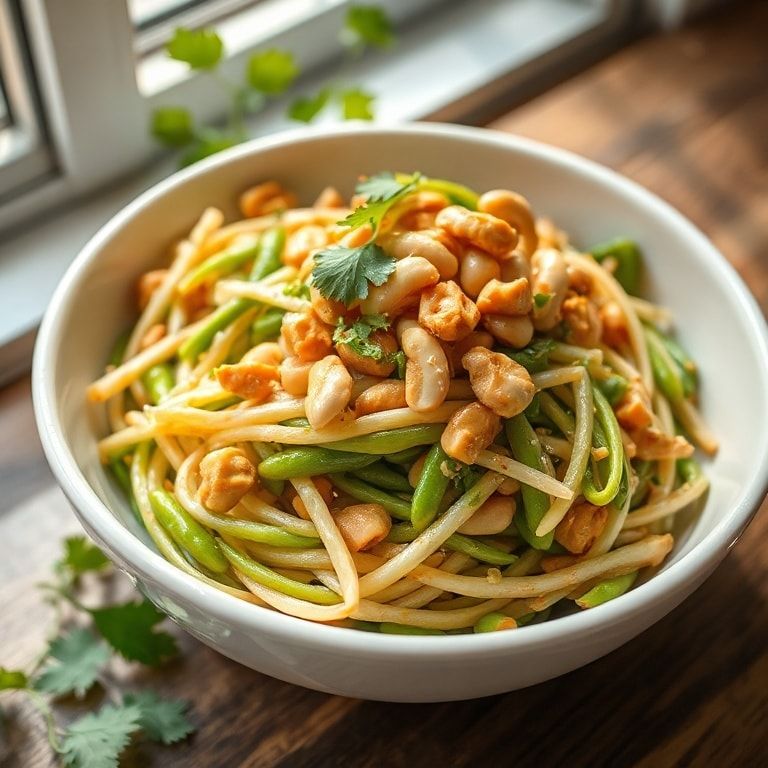 One bowl of finished crunchy Asian edamame salad, topped with chopped peanuts and fresh cilantro, on a matte white bowl. Close crop shows glossy peanut dressing and vibrant colors in warm light.