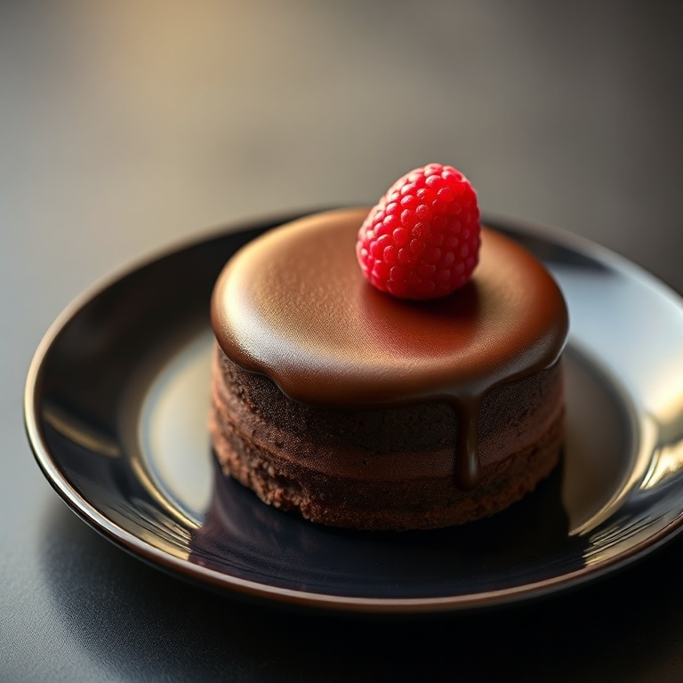 A perfectly plated dark chocolate raspberry mousse cake with a single fresh raspberry on top. The plate is dark and elegant.