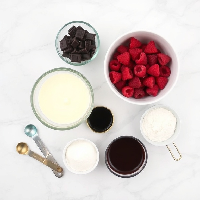 All the ingredients for a dark chocolate raspberry mousse cake. Includes dark chocolate, heavy cream, raspberries, sugar, and gelatin.