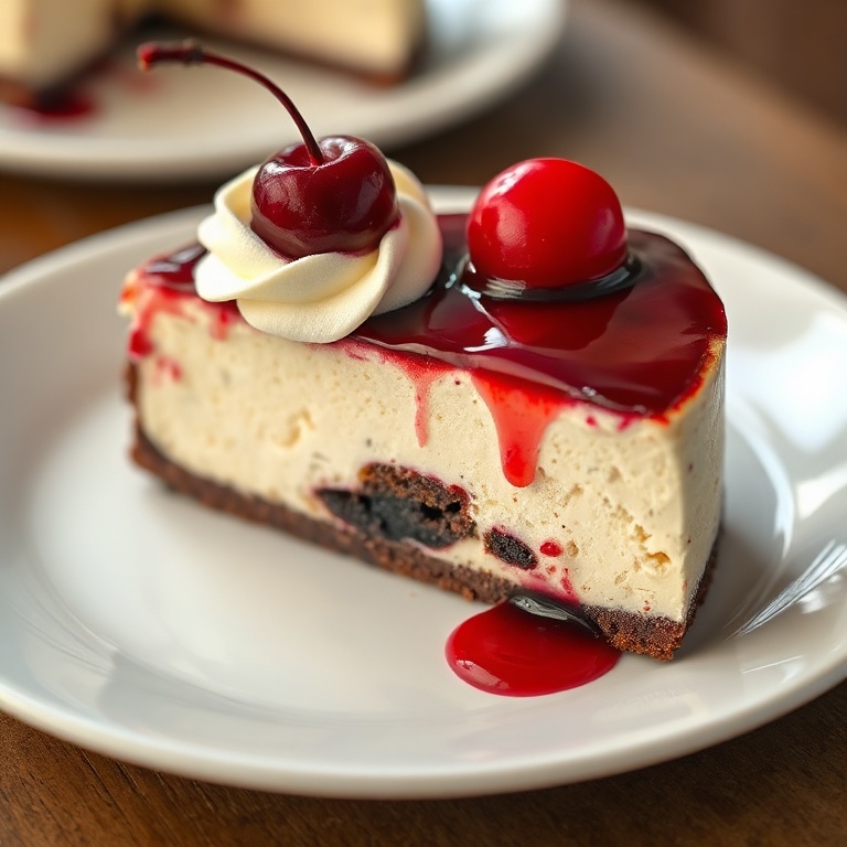 Sliced Black Forest Cheesecake with cherry topping. Garnished with whipped cream and a cherry on top on a white porcelain plate.