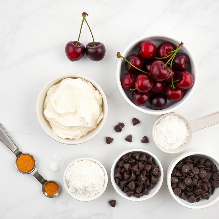 Fresh cherries, cream cheese, flour, sugar, eggs, and chocolate chips arranged in a flat lay. Measuring spoons and bowls visible.