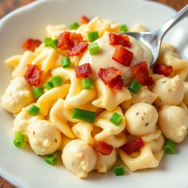 A perfectly plated deviled egg pasta salad with crispy bacon, green onions, and a spoonful of dressing