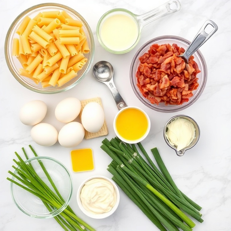 Raw ingredients for deviled egg pasta salad arranged in a flat lay including pasta, eggs, mayonnaise, mustard, bacon, and green onions