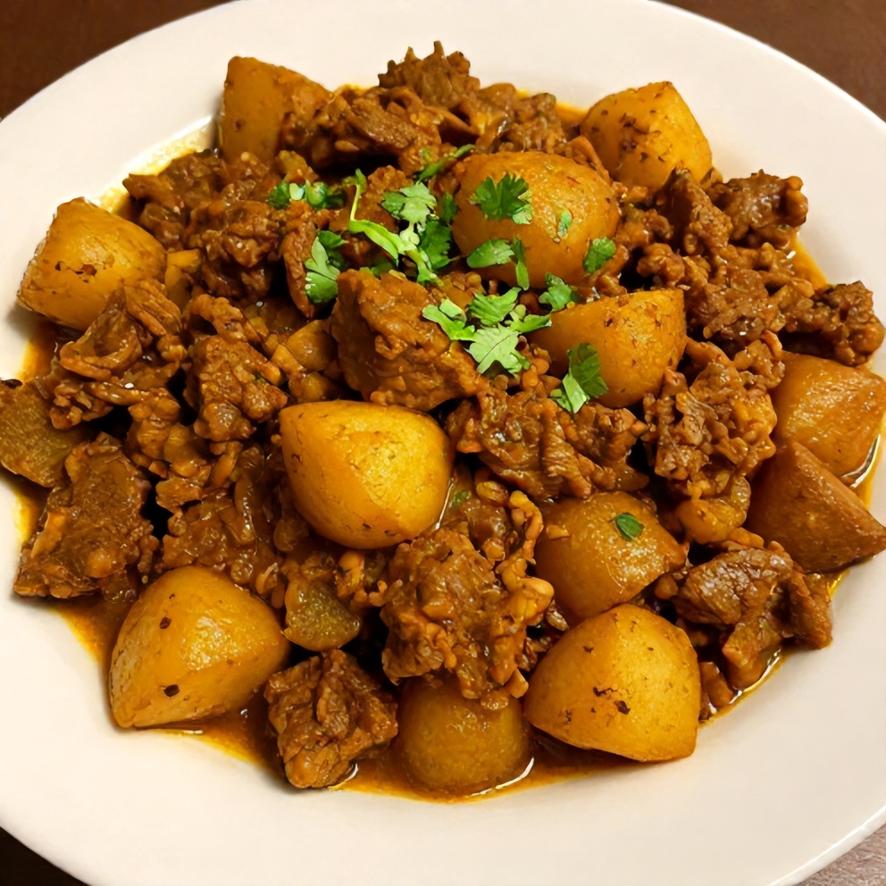 Plated Aloo Keema with a sprinkle of fresh cilantro