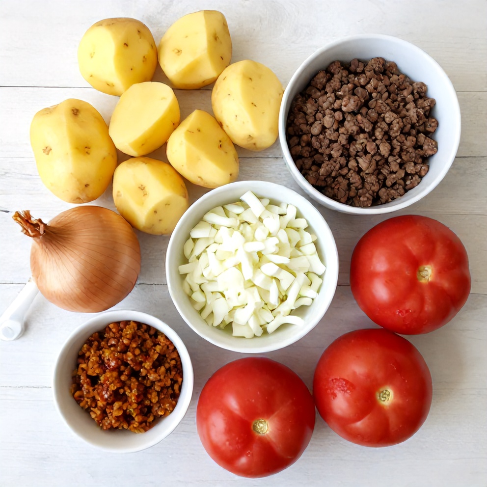 Raw ingredients for Aloo Keema: potatoes, ground meat, onions, tomatoes, and spices