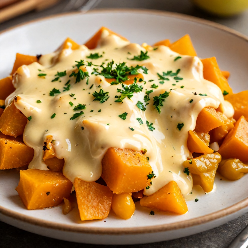 Plated serving of Apple Butternut Squash Casserole on a rustic plate, garnished with fresh parsley, showing creamy sauce and tender squash.