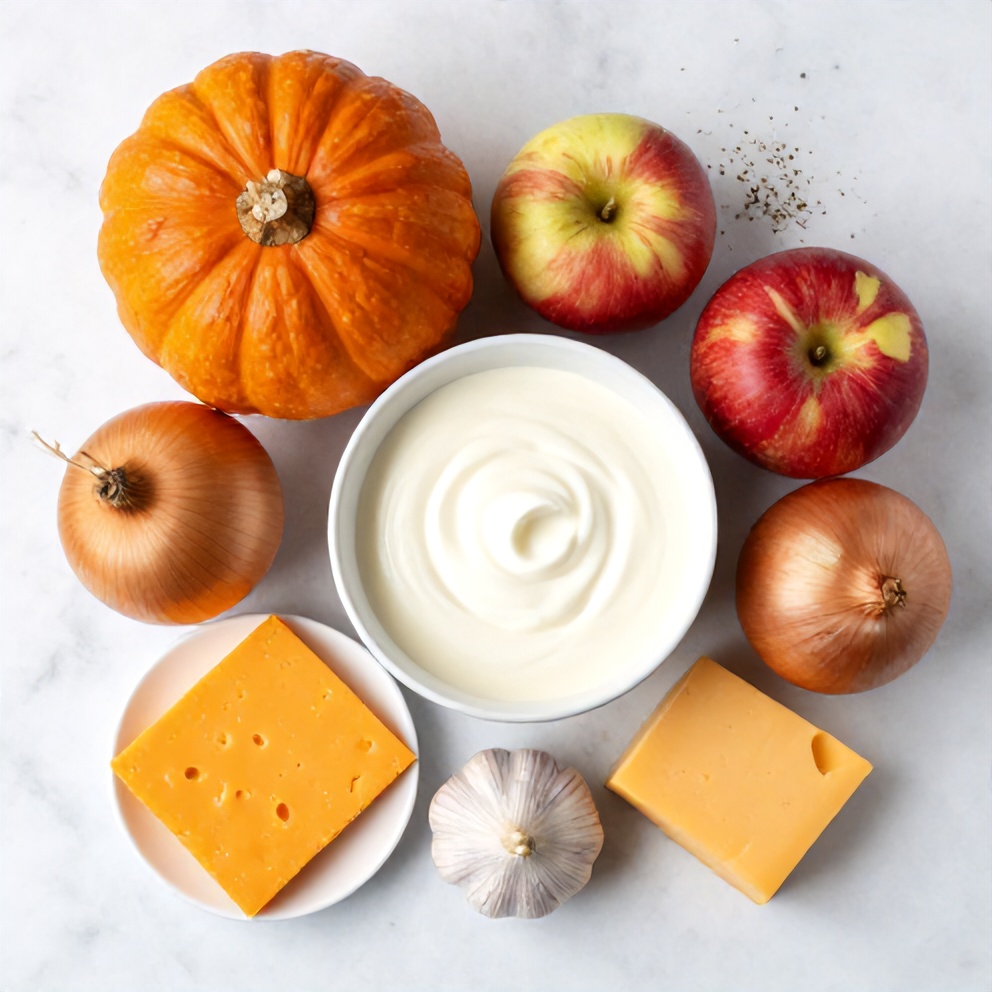Raw ingredients for Apple Butternut Squash Casserole: butternut squash, apples, onion, garlic, heavy cream, cheddar cheese, and seasonings in a flat lay.