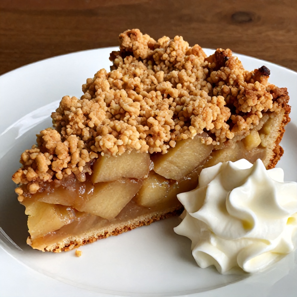 Apple crisp coffee cake sliced and served on a breakfast plate