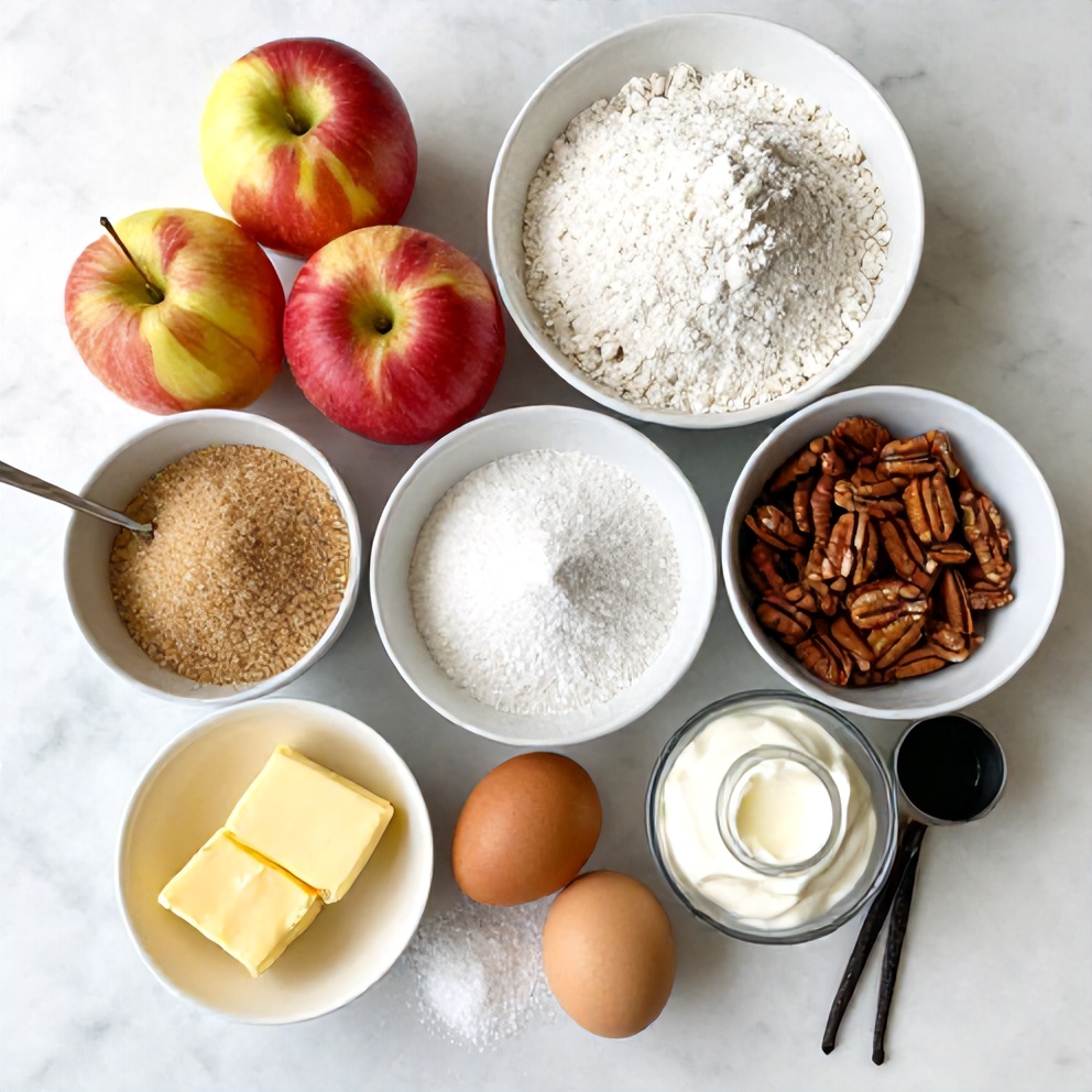 Raw ingredients for apple crisp coffee cake including apples, flour, sugar, and pecans