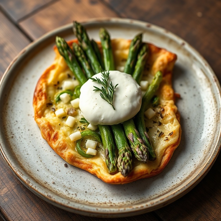 Perfectly plated asparagus galette with leeks and burrata on a rustic plate, garnished with fresh thyme.