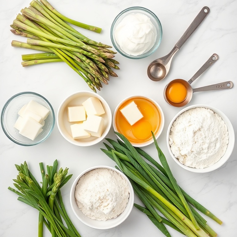 Fresh asparagus, leeks, burrata cheese, all-purpose flour, butter, eggs, and salt in a flat lay setup.
