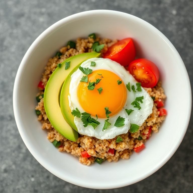 One perfect serving of avocado egg quinoa bowl in a textured white ceramic bowl, topped with chopped parsley, close crop shows creamy avocado, jammy egg, fluffy quinoa, and spring veggies, with warm light from the side.