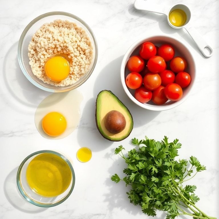 Overhead flat lay of raw quinoa, eggs, avocados, cherry tomatoes, and lemon, each in bowls, with olive oil and fresh herbs arranged around, on a white marble surface under bright natural light.