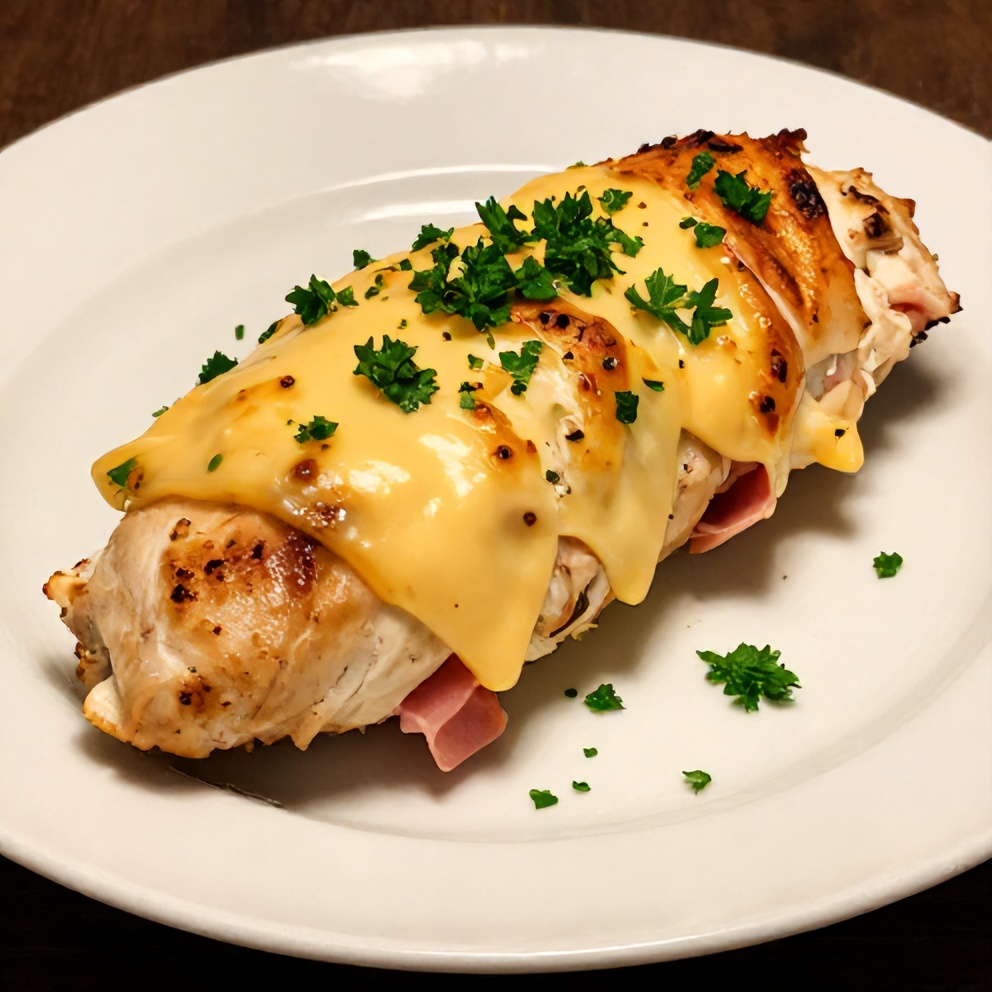 Plated serving of easy baked chicken roll ups with ham and swiss cheese