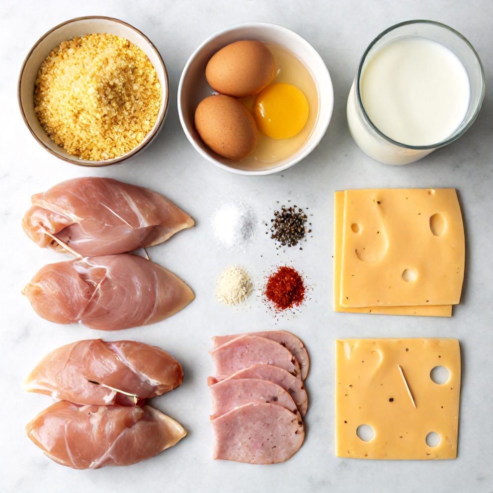 Raw ingredients for easy baked chicken roll ups with ham and swiss cheese