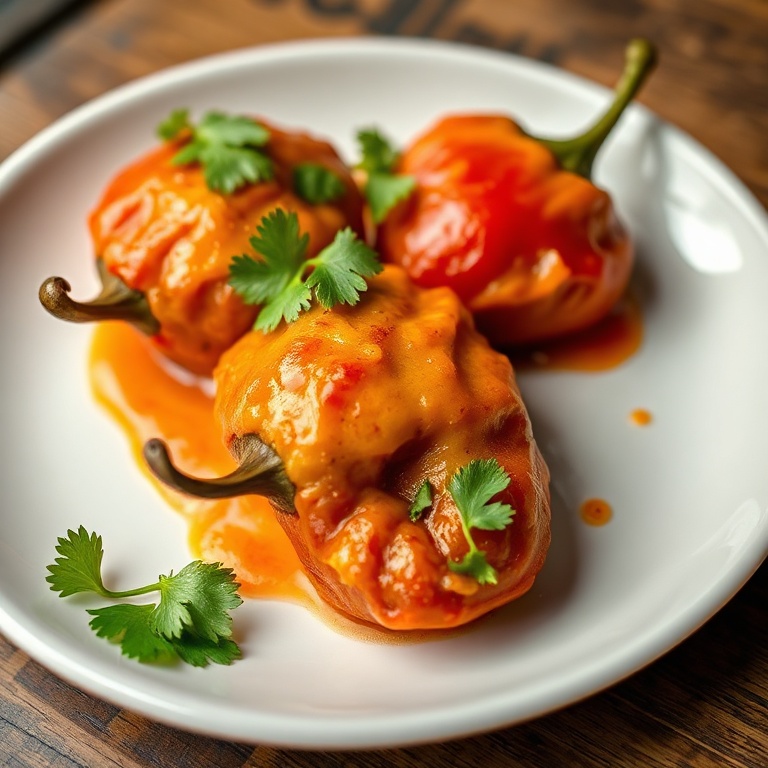 Close-up of a plating dish with chili rellenos. Garnished with fresh cilantro. Warm side lighting shows texture. Plate is white. Photorealistic food photography. No text. No watermark.