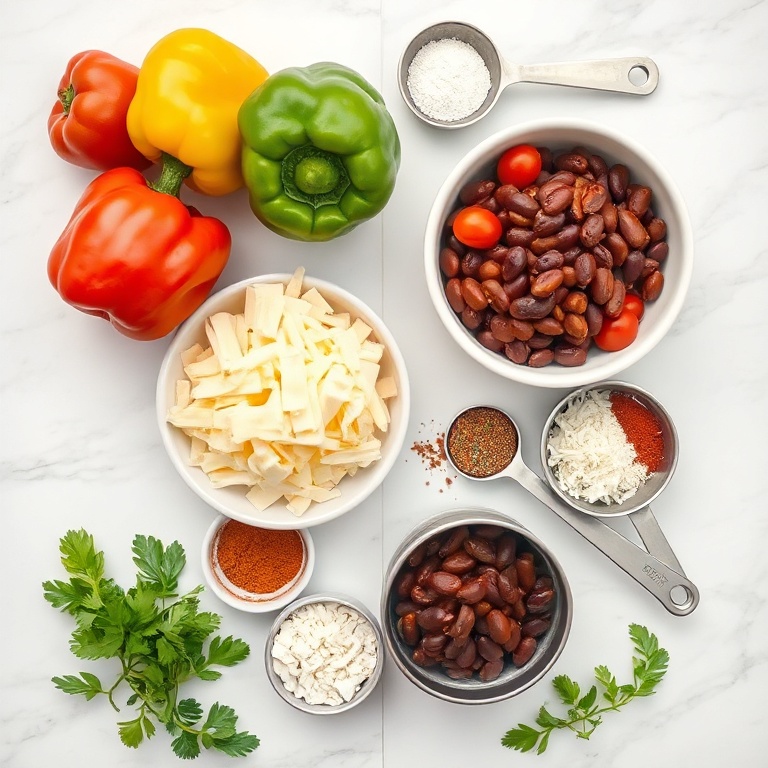 Fresh bell peppers, cheese, beans, tomatoes, and spices arranged in an overhead flat lay. Measuring spoons and bowls visible. Bright even light. White marble surface. Photorealistic food photography. No text. No watermark.