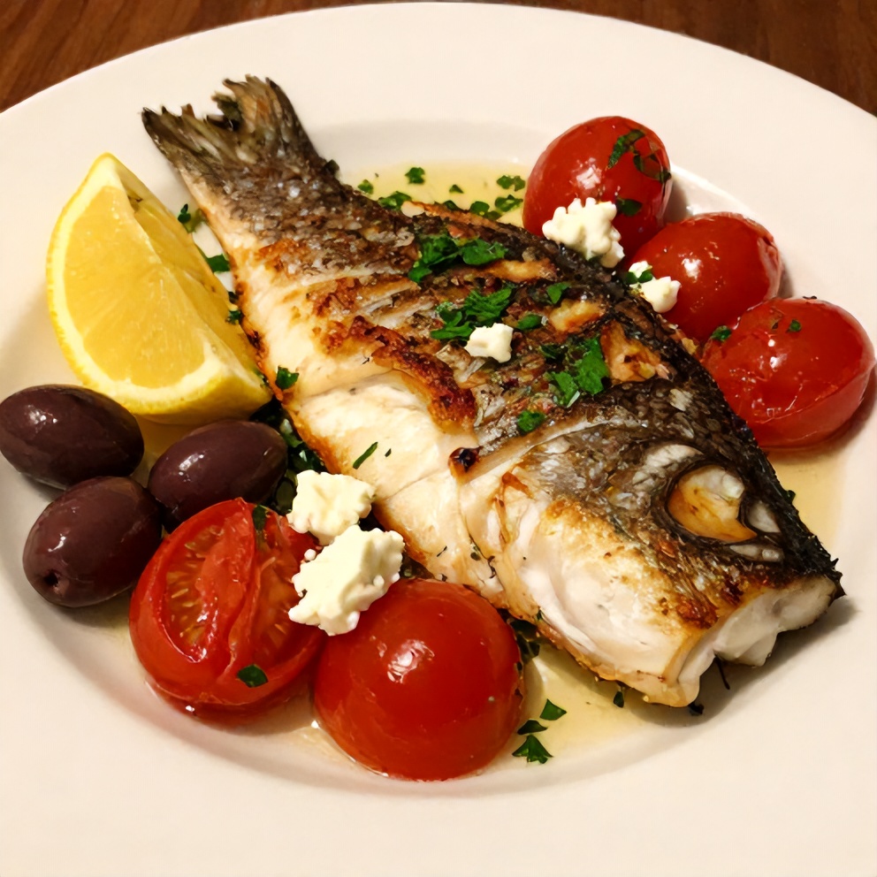 Plated baked sea bass with olives and cherry tomatoes