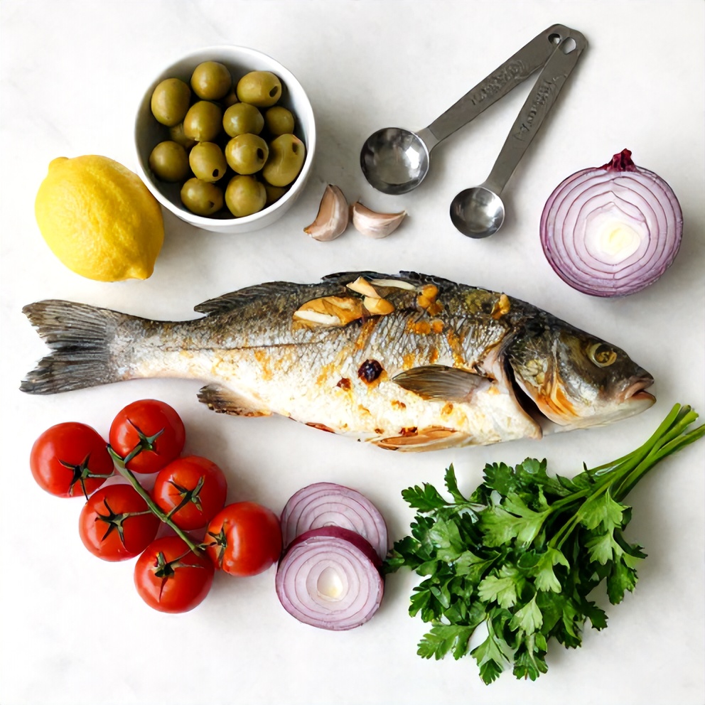Raw ingredients for baked sea bass with olives and cherry tomatoes