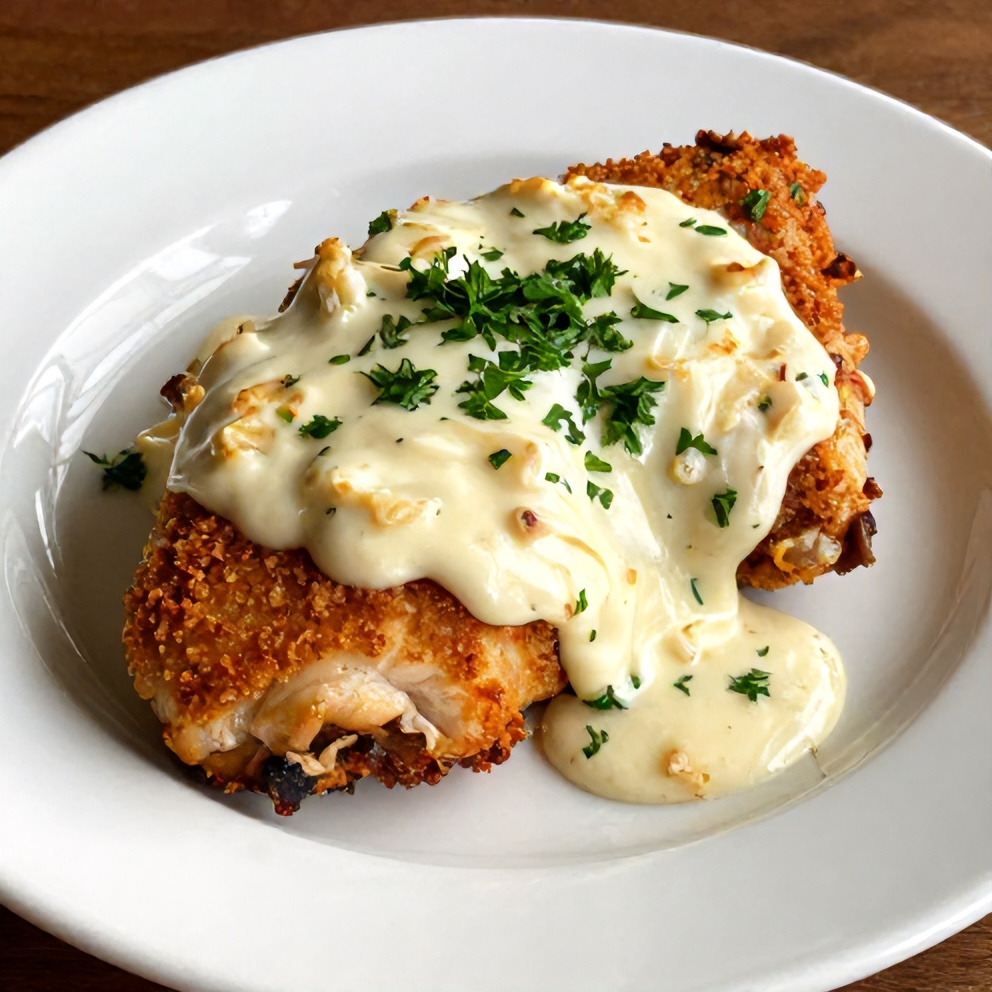 Plated serving of baked sour cream and onion chicken with a side of mashed potatoes
