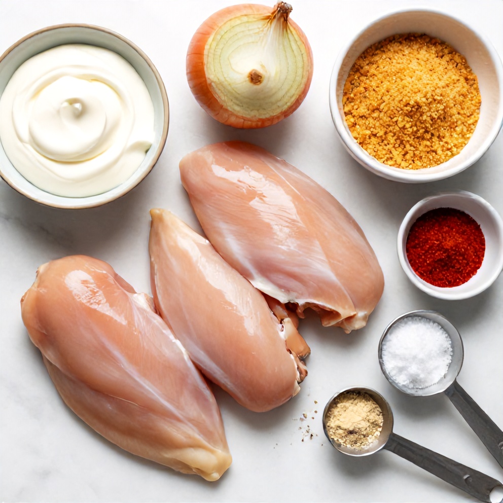 Raw ingredients for sour cream and onion chicken: chicken breasts, sour cream, onion, breadcrumbs, seasonings