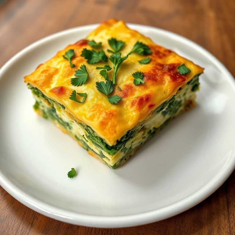 One serving of baked zucchini spinach and feta casserole garnished with chopped fresh parsley on a white plate with warm side lighting.