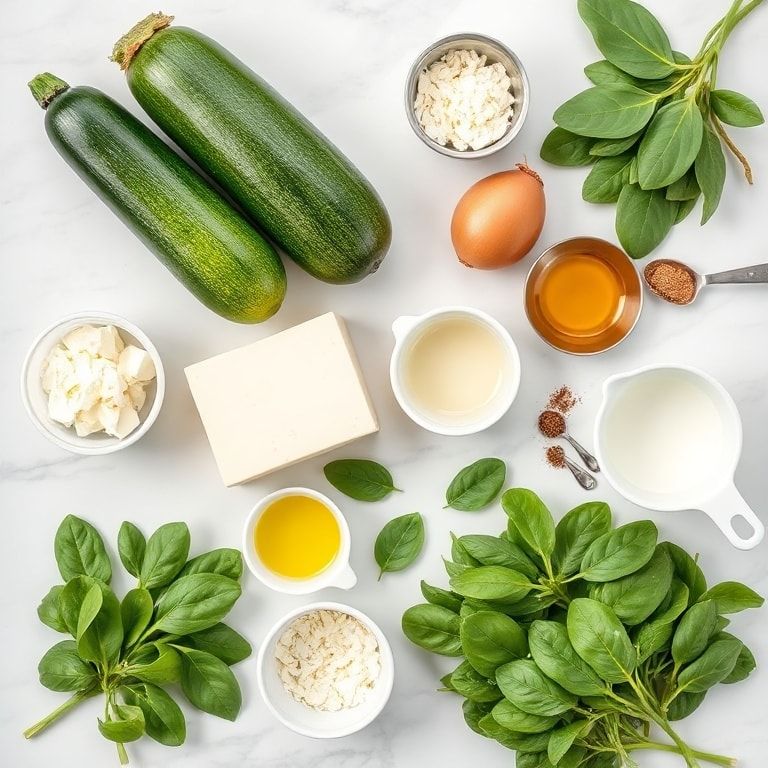 Overhead flat lay of raw zucchini, fresh spinach, crumbled feta cheese, eggs, and onion arranged with measuring bowls and spoons on marble.