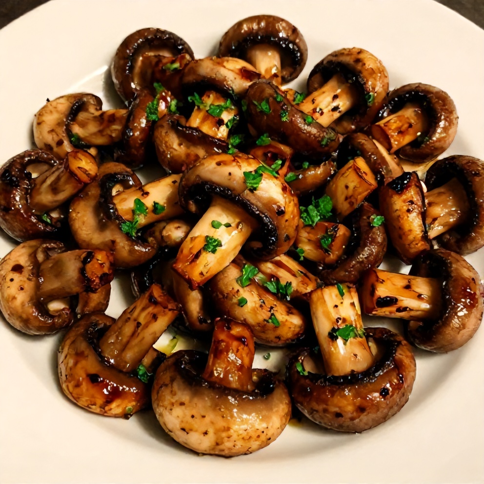 Plated Balsamic Roasted Garlic Mushrooms with Fresh Parsley
