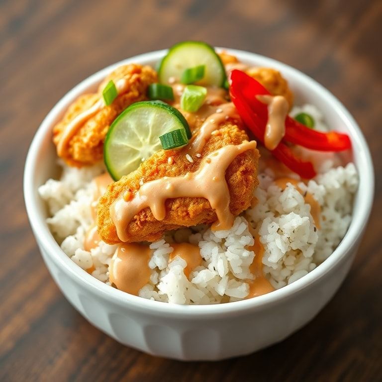 Single serving of bang bang chicken bowl topped with sesame seeds and chopped scallions in a round white ceramic bowl, side lit to show crispy textures.
