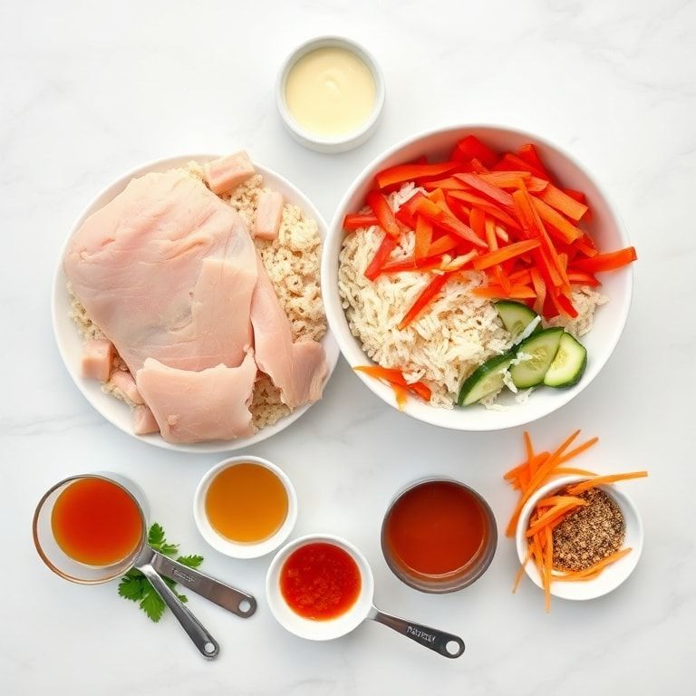 Flat lay of raw chicken breast, jasmine rice, panko breadcrumbs, fresh cucumber, red bell pepper, plus spices and sauces in prep bowls.