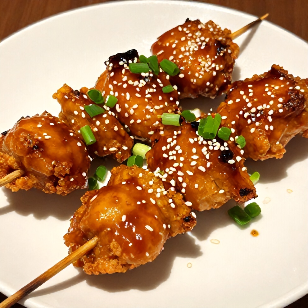 Plated Bang Bang Chicken Skewers with spicy dipping sauce