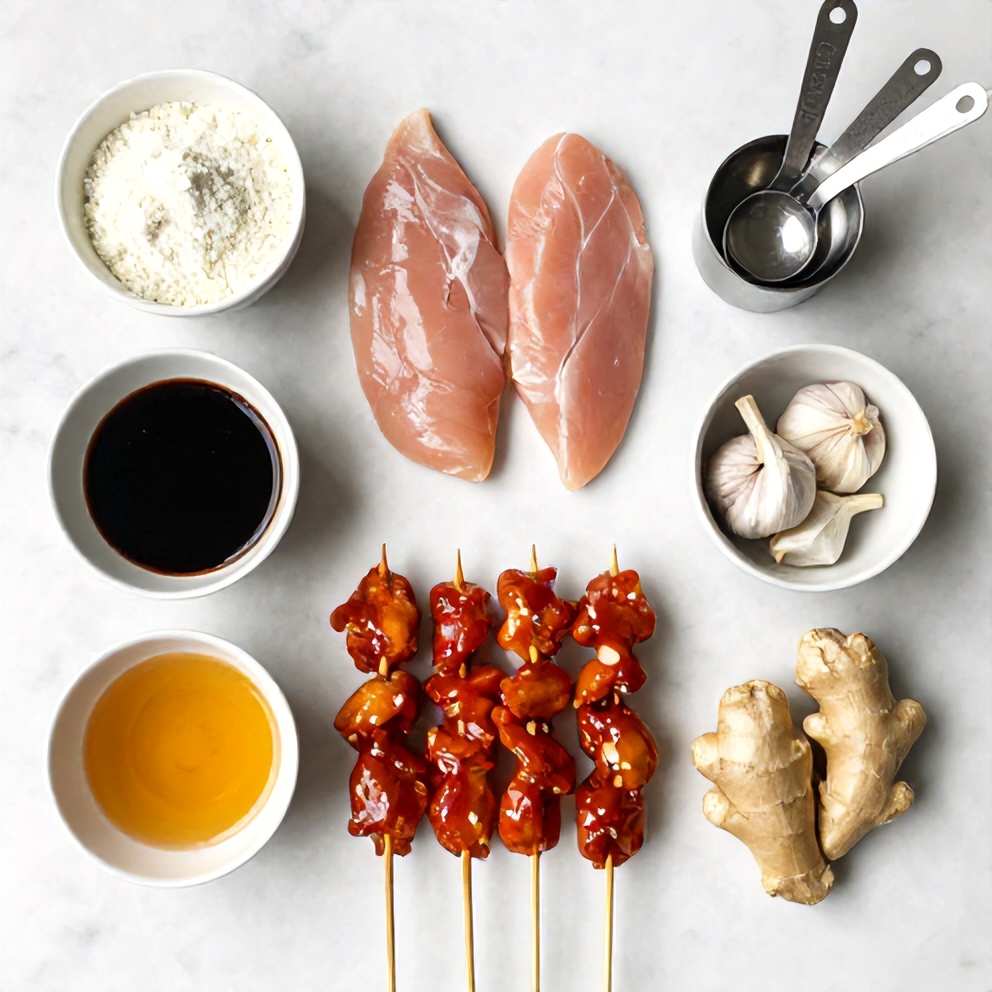 Raw ingredients for Bang Bang Chicken Skewers on a marble surface