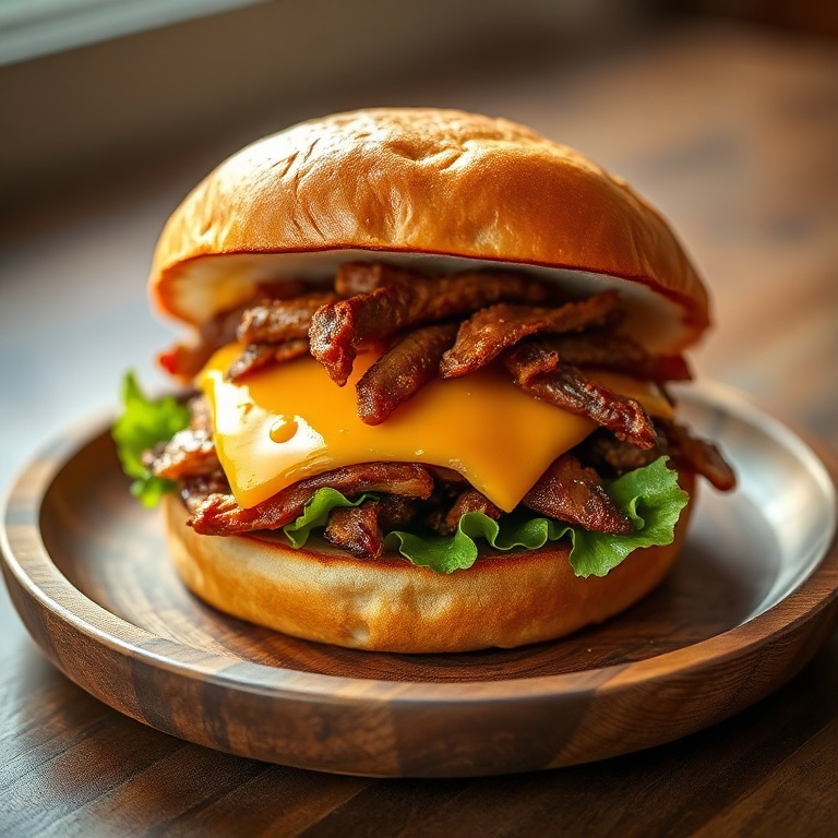 Perfectly plated BBQ brisket sandwich with melted cheddar, crispy texture, and fresh lettuce on a wooden plate.