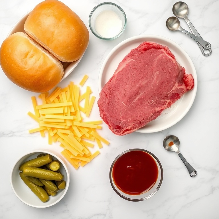 Raw brisket, cheddar cheese, buns, pickles, BBQ sauce, and onions arranged on a white marble surface.