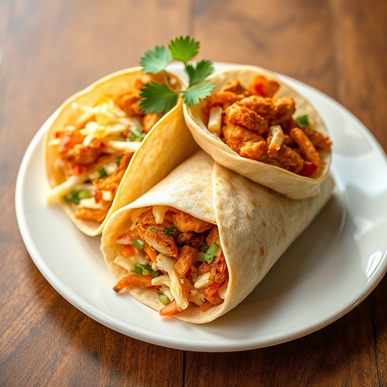 Perfectly plated bbq chicken coleslaw wraps. Cilantro garnish on top. White ceramic plate with warm side lighting. Photorealistic food photography. No text. No watermark.