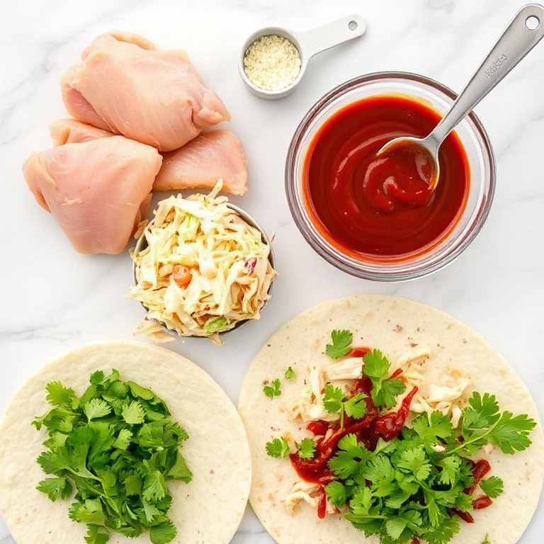 Raw ingredients for easy bbq chicken coleslaw wraps. Chicken, coleslaw mix, BBQ sauce, tortillas, and cilantro. Measuring spoons and bowls visible. White marble surface. Bright even light. Photorealistic overhead food photography. No text. No watermark.