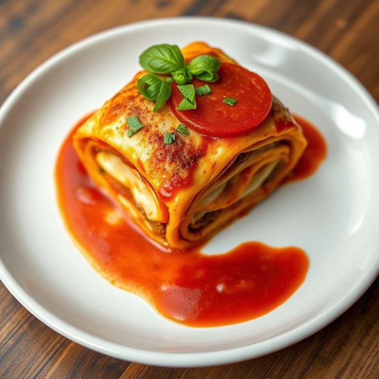 One serving of pizza lasagna roll-up plated on a white dish, sprinkled with fresh basil, shot close-up with warm lighting to highlight melty cheese.