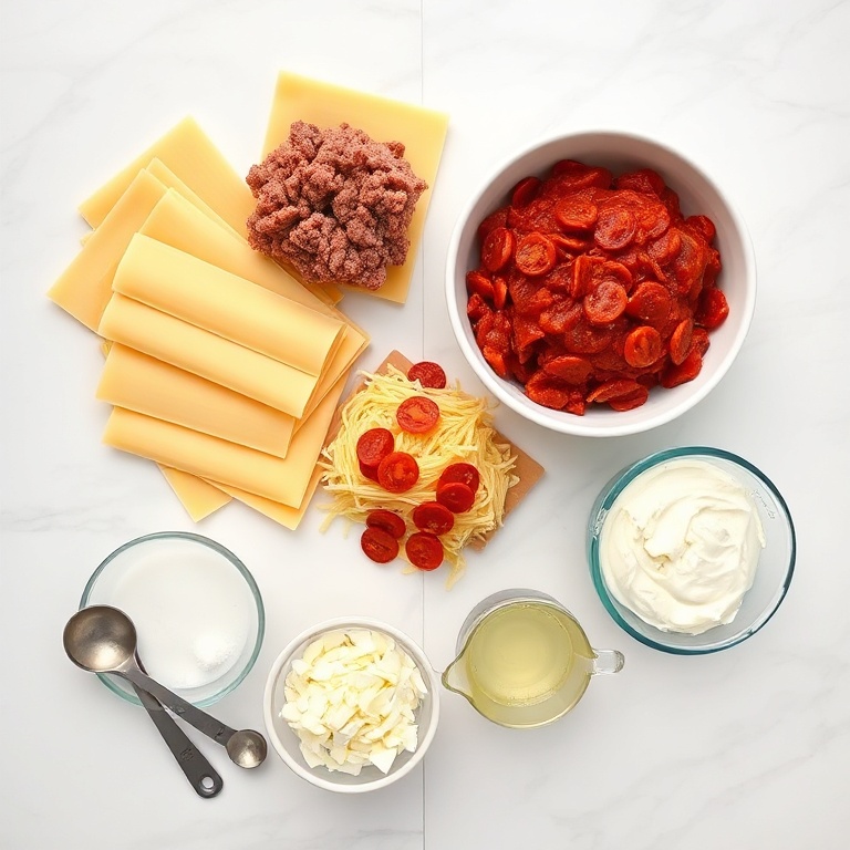 Flat lay of lasagna noodles, ground beef, sliced pepperoni, marinara sauce, mozzarella cheese, and ricotta cheese arranged with prep bowls and measuring cups.