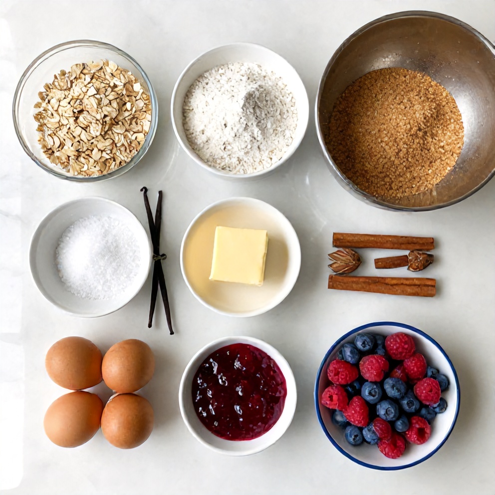 Raw ingredients for Easy Berry Oat Bars with Raspberry Preserves on a marble surface