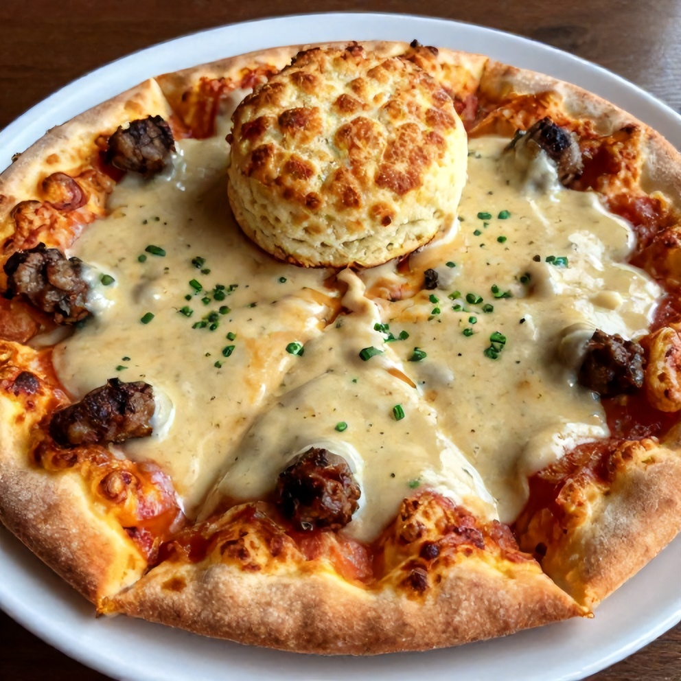 Plated breakfast pizza with biscuits and sausage gravy