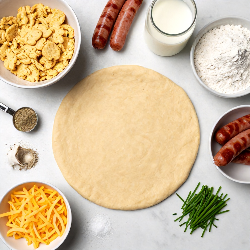 Raw ingredients for biscuits and sausage gravy breakfast pizza