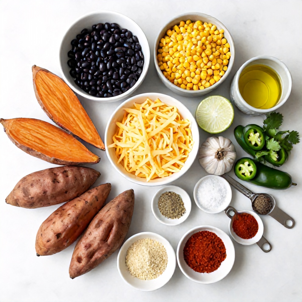 Raw ingredients for Black Bean Stuffed Sweet Potatoes on a white marble surface